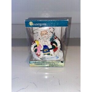 TRADITIONS Santa Holding Doll and Tree Collectible Character Glass Ornament IOB